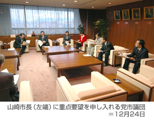 山崎市長(左端)に重点要望を申し入れる党市議団=12月24日