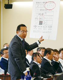 市長を追及する中山市議(市議会決算特)