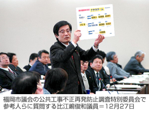 福岡市議会の公共工事不正再発防止調査特別委員会で参考人らに質問する比江嶋俊和議員＝12月27日